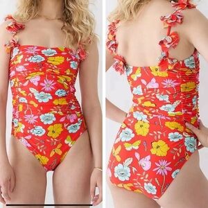 + size Dauphinette X J.Crew Ruched Flower-Strap One-Piece Red Swimsuit Size 24.…